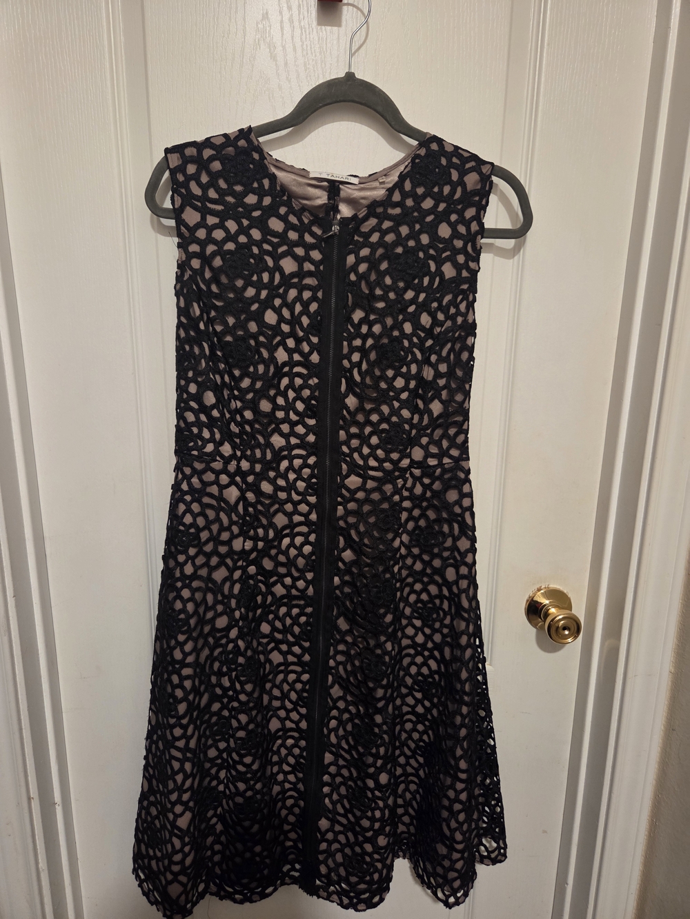 Tahari Black Lace A-Line Dress with Nude Lining